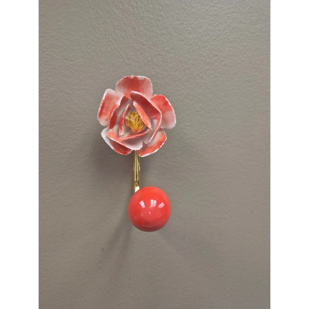 Set 2 Ceramic Flower Wall Hooks Pink Rose Red Camellia Coat Towel Hangers Decor
